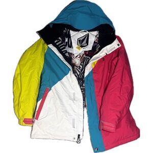 Volcom Snowboard Jacket Colorblock Pink Blue Yellow Thermolite Womens Small